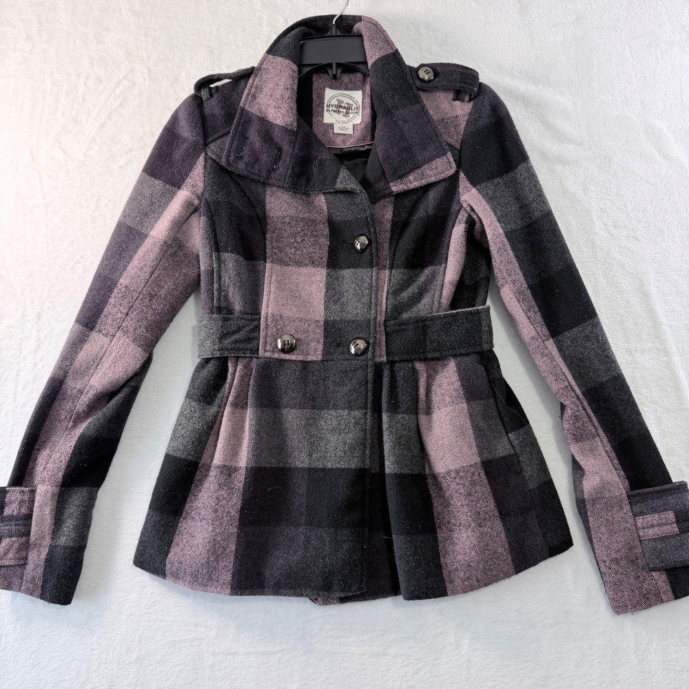 Hydraulic Plaid Pea Coat Belted Purple Grey‎ Buffalo Check Button Front XS